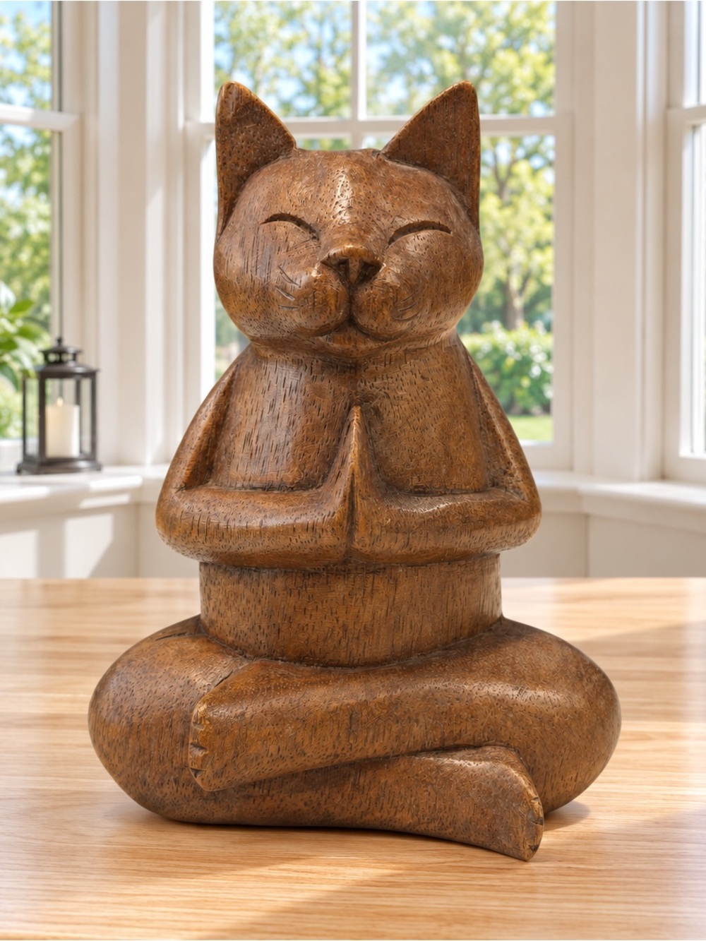 Indonesia Indonesian Hand Carved Wood Cat Deep Meditation Figure 5" x 4" x 2.5"